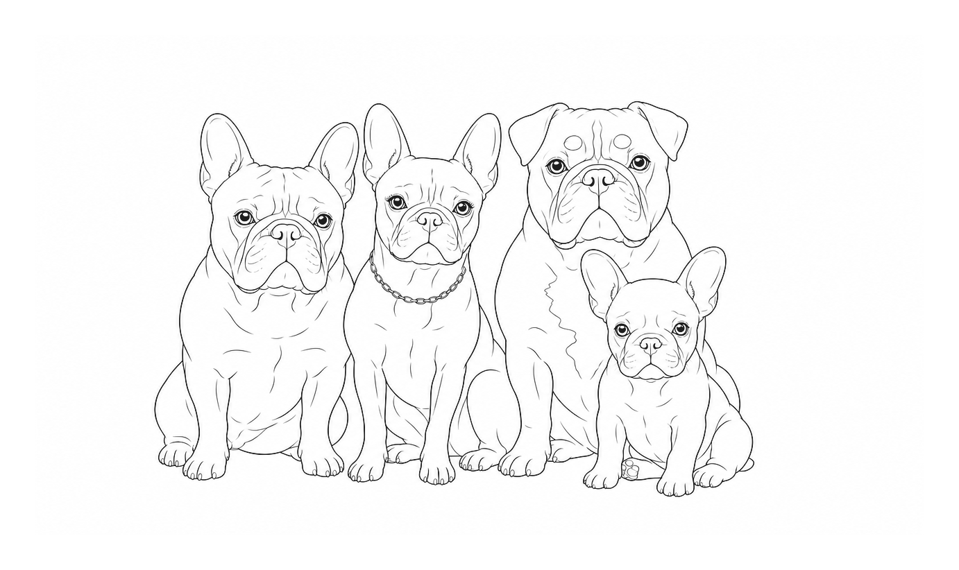 Line drawing of Dexter, Cora, Nox and Belle sitting together