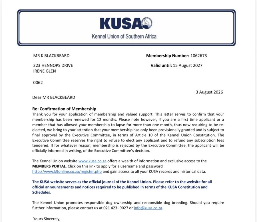 KUSA confirmation of membership for Kyle Blackbeard, membership number 1062673, valid until 15 August 2027