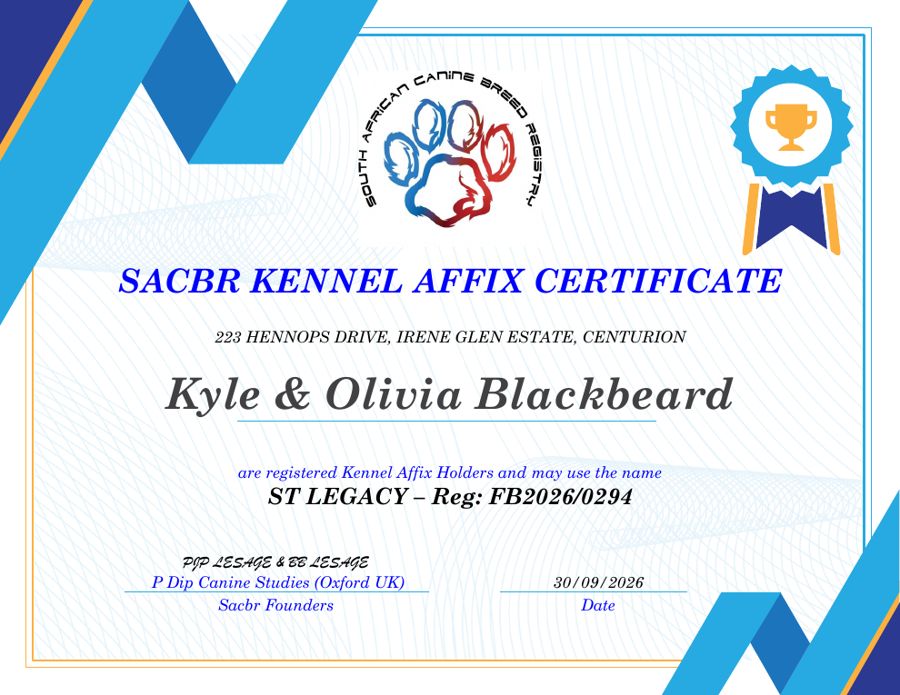 SACBR kennel affix certificate: Kyle and Olivia Blackbeard, ST LEGACY, reg. FB2026/0294, dated 30 September 2026